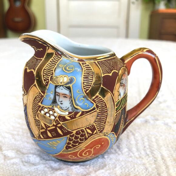 Mid‑Century Satsuma Moriage Creamer Hand‑Painted Japan 3" Immortals Gilt Trim - Picture 1 of 11